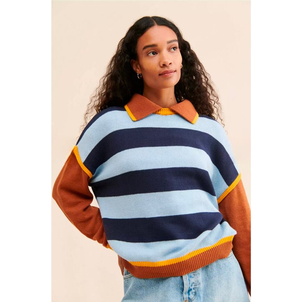 Callahan Collared Striped Sweater in Light Blue, Navy & Rust